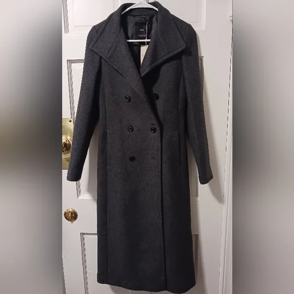 MNG Mango *Committed* Belted Double Breasted Wool Coat, Drk Gray Sz XXS NWT - Picture 3 of 15
